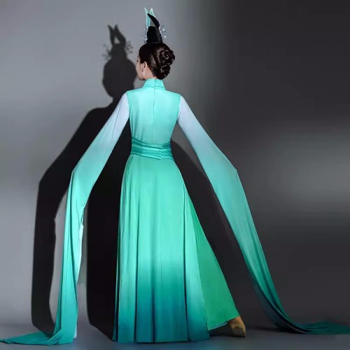 Green Gradient waterfall sleeves chinese folk Classical dance costumes for women girls fairy hanfu Tang Dynasty Art Examination Water sleeve dance dresses